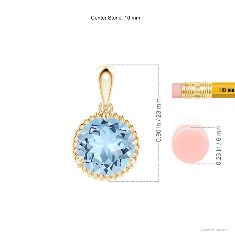 10mm AAA Rope-Framed Claw-Set Aquamarine Solitaire Pendant in Yellow Gold ruler