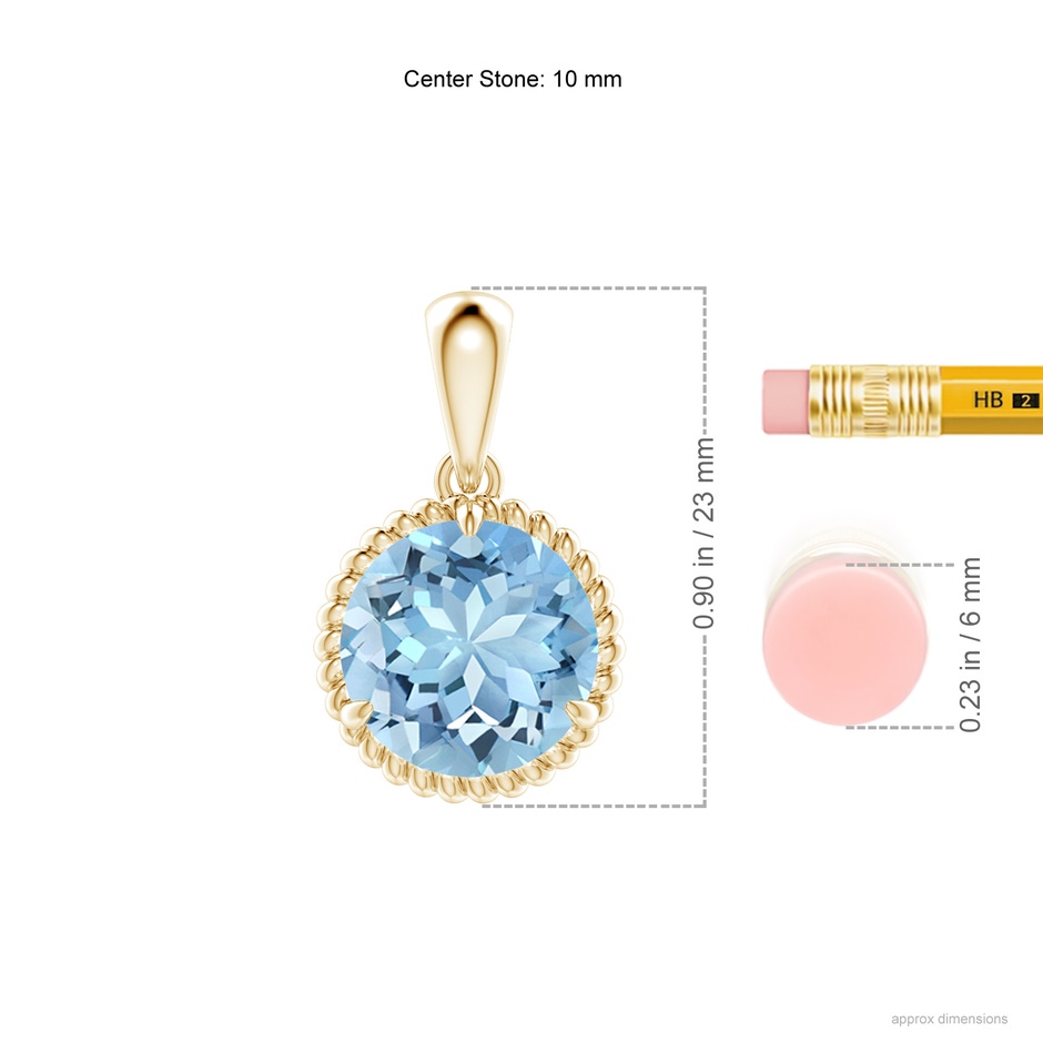 10mm AAAA Rope-Framed Claw-Set Aquamarine Solitaire Pendant in Yellow Gold ruler