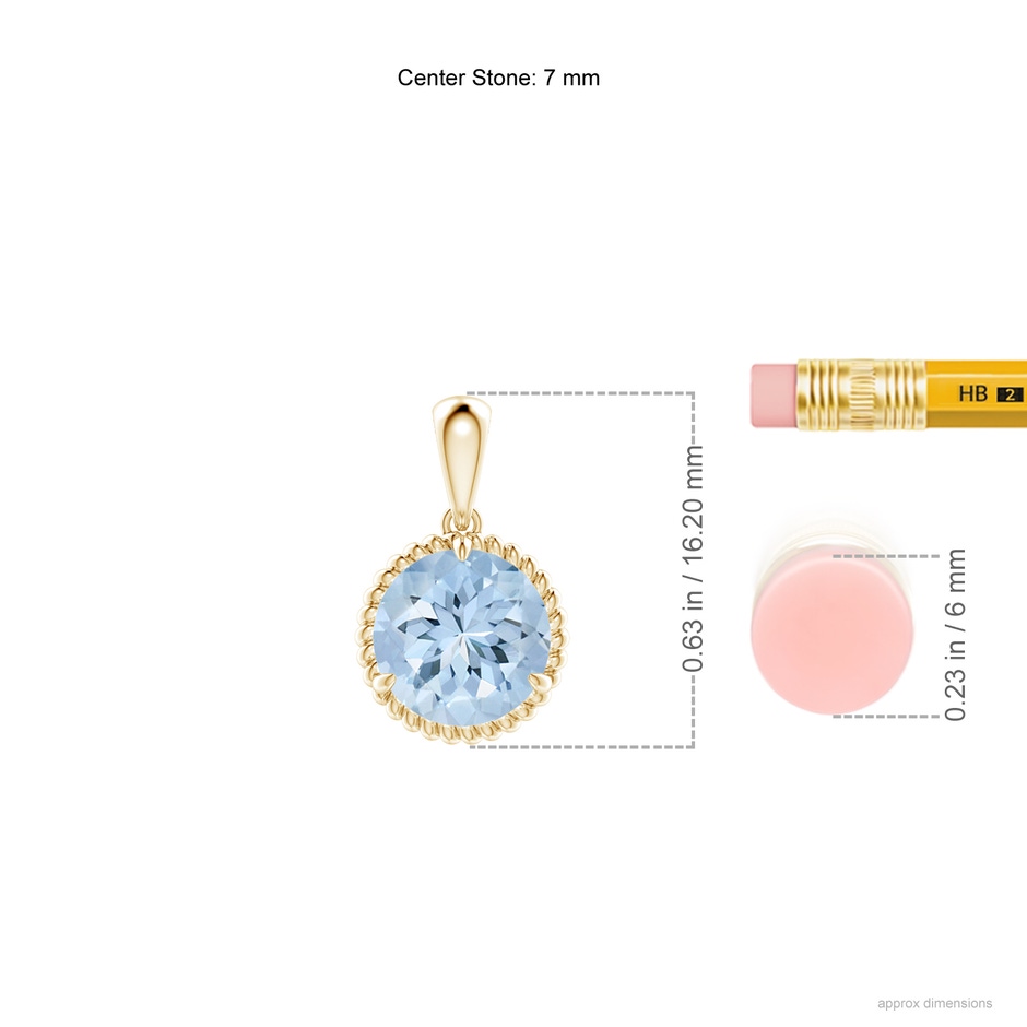 7mm AA Rope-Framed Claw-Set Aquamarine Solitaire Pendant in Yellow Gold ruler