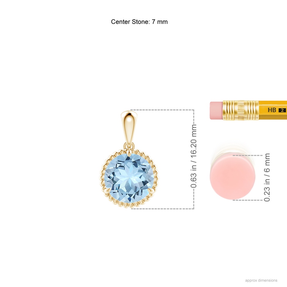 7mm AAA Rope-Framed Claw-Set Aquamarine Solitaire Pendant in Yellow Gold ruler