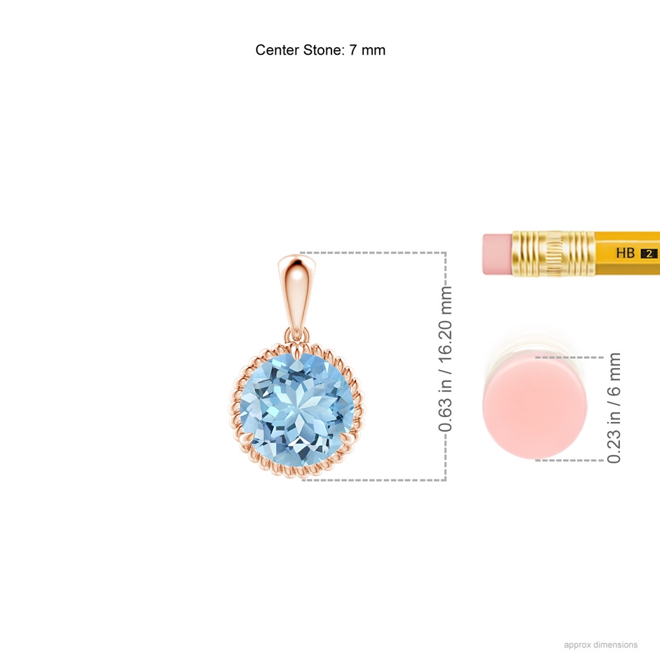 7mm AAAA Rope-Framed Claw-Set Aquamarine Solitaire Pendant in Rose Gold ruler