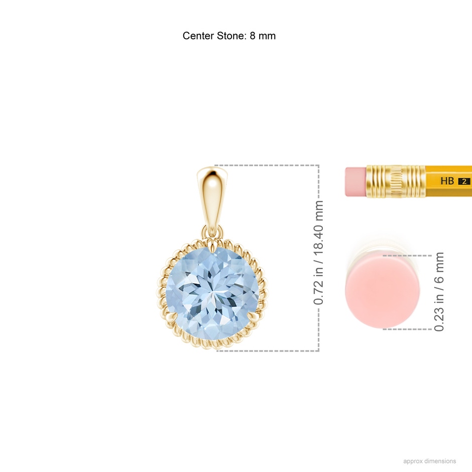 8mm AA Rope-Framed Claw-Set Aquamarine Solitaire Pendant in Yellow Gold ruler