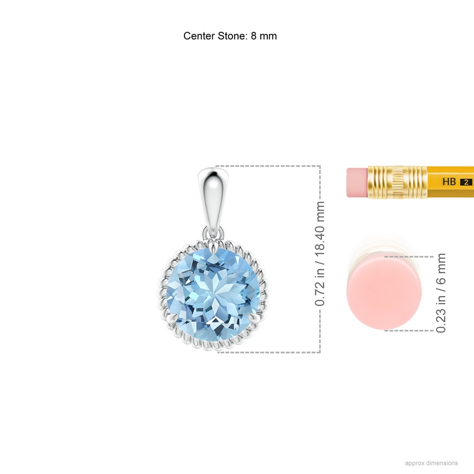 8mm AAAA Rope-Framed Claw-Set Aquamarine Solitaire Pendant in White Gold ruler