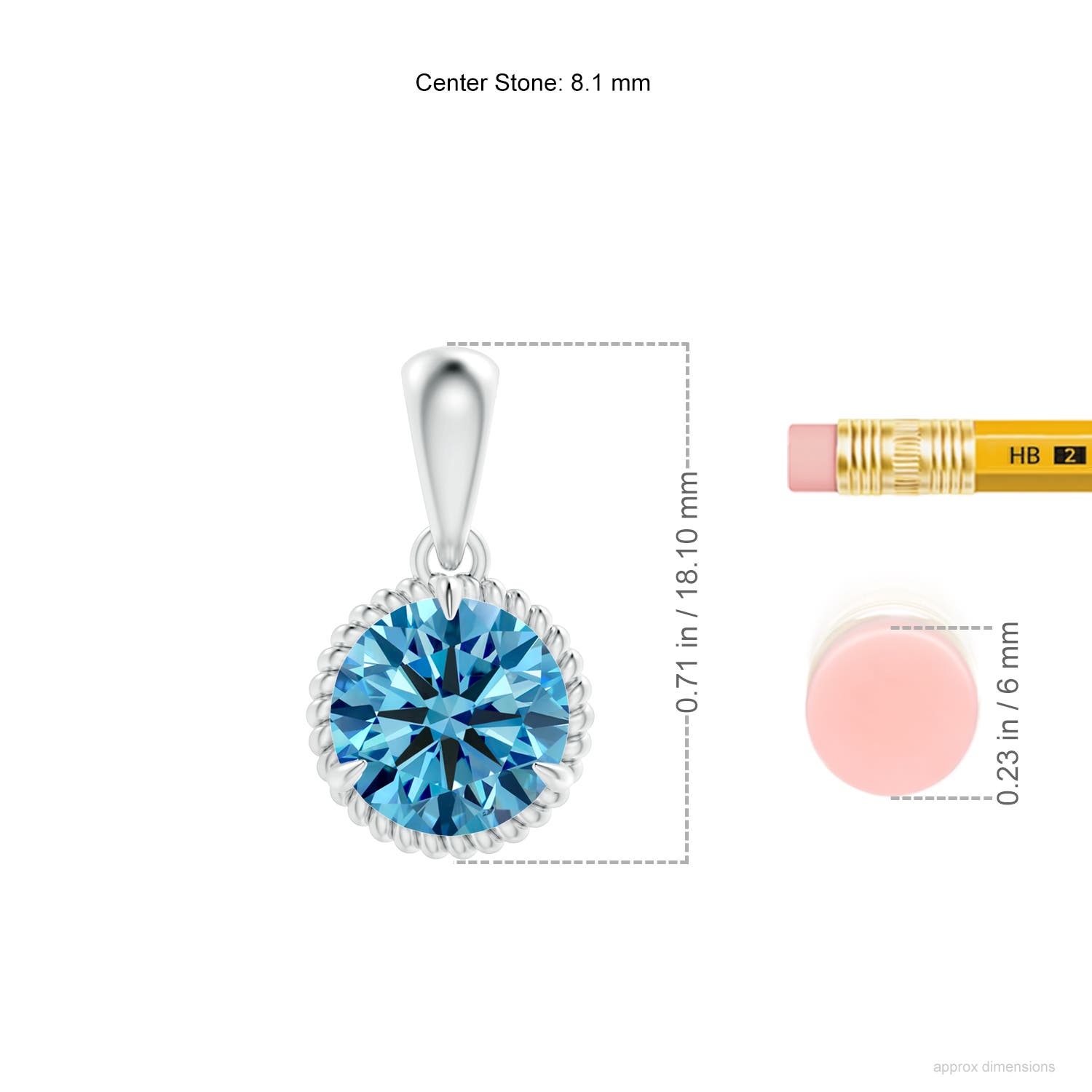 8.1mm AAAA Rope-Framed Claw-Set Fancy Intense Blue Diamond Solitaire Pendant in White Gold - ruler