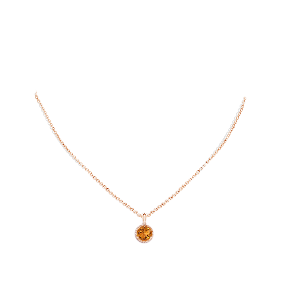 8mm AAA Rope-Framed Claw-Set Citrine Solitaire Pendant in Rose Gold body-neck