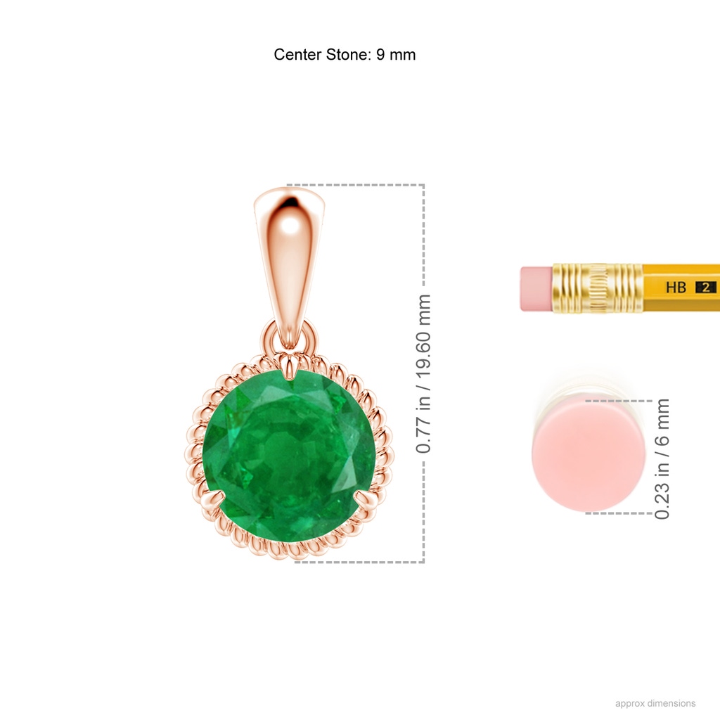 9mm AA Rope-Framed Claw-Set Emerald Solitaire Pendant in Rose Gold ruler