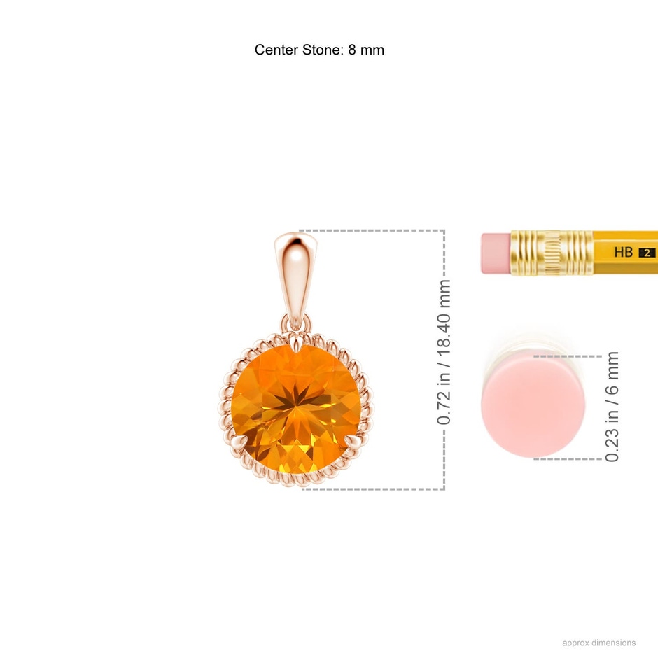 8mm AA Rope-Framed Claw-Set Fire Opal Solitaire Pendant in Rose Gold ruler