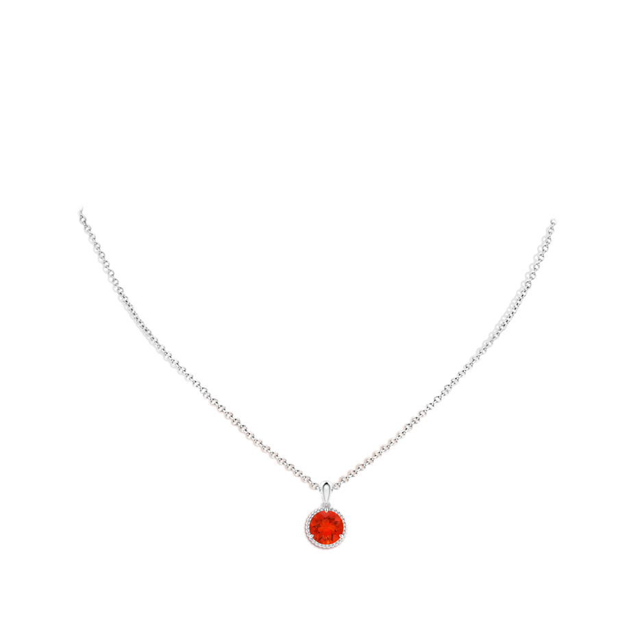 8mm AAAA Rope-Framed Claw-Set Fire Opal Solitaire Pendant in 18K White Gold pen