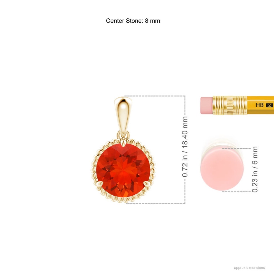 8mm AAAA Rope-Framed Claw-Set Fire Opal Solitaire Pendant in 18K Yellow Gold ruler