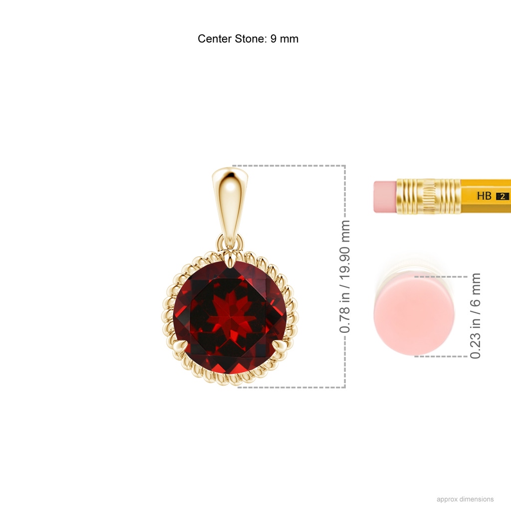 9mm AAAA Rope-Framed Claw-Set Garnet Solitaire Pendant in Yellow Gold ruler
