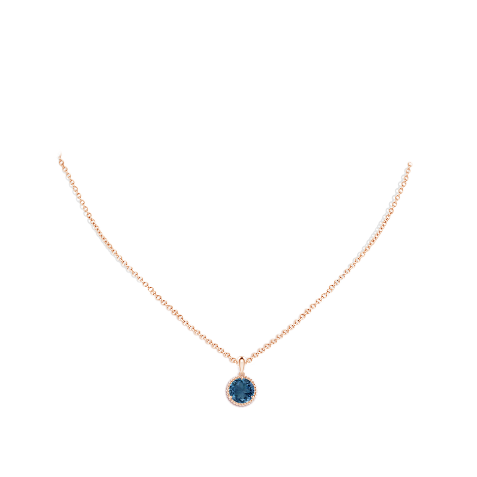 8mm AA Rope-Framed Claw-Set London Blue Topaz Solitaire Pendant in Rose Gold body-neck