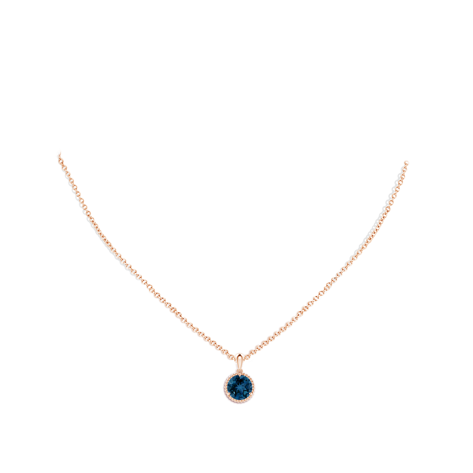 8mm AAA Rope-Framed Claw-Set London Blue Topaz Solitaire Pendant in Rose Gold body-neck