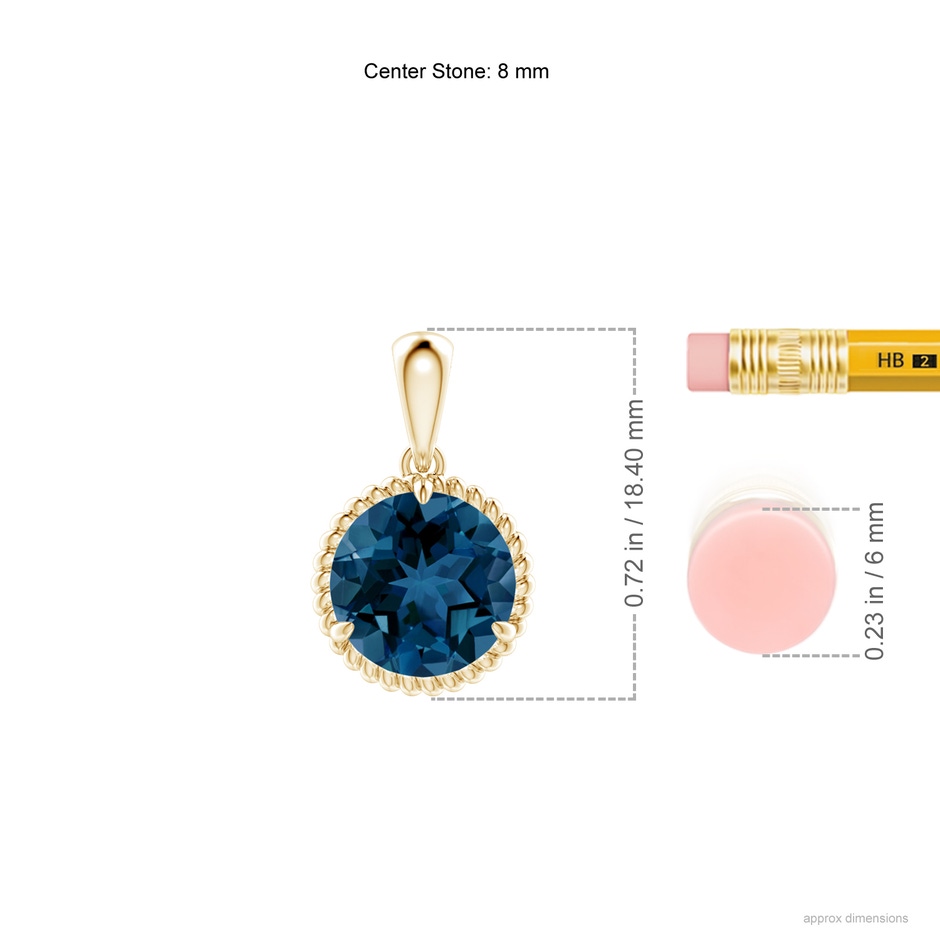 8mm AAA Rope-Framed Claw-Set London Blue Topaz Solitaire Pendant in Yellow Gold ruler