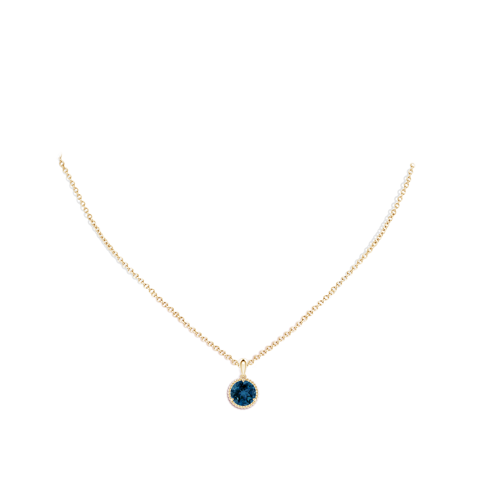 8mm AAA Rope-Framed Claw-Set London Blue Topaz Solitaire Pendant in Yellow Gold body-neck