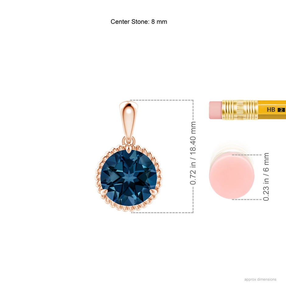 8mm AAAA Rope-Framed Claw-Set London Blue Topaz Solitaire Pendant in Rose Gold ruler