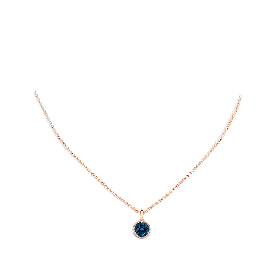 8mm AAAA Rope-Framed Claw-Set London Blue Topaz Solitaire Pendant in Rose Gold body-neck