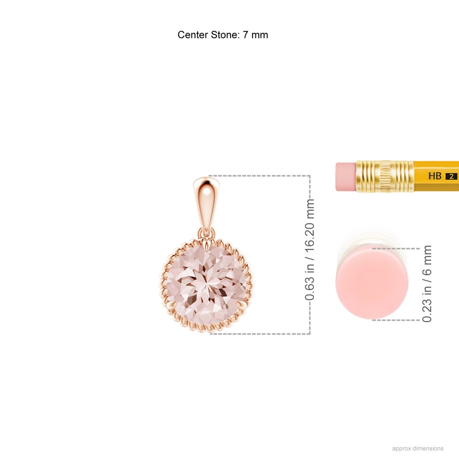 7mm AA Rope-Framed Claw-Set Morganite Solitaire Pendant in Rose Gold ruler