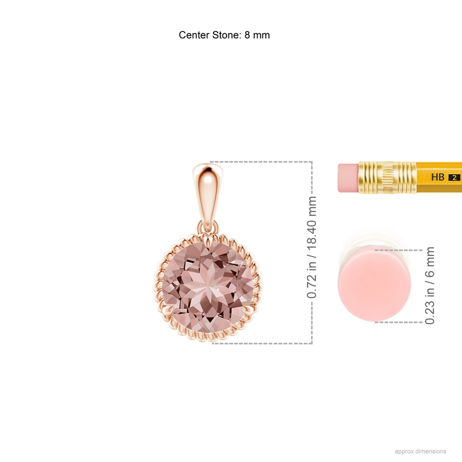 8mm AAAA Rope-Framed Claw-Set Morganite Solitaire Pendant in Rose Gold ruler