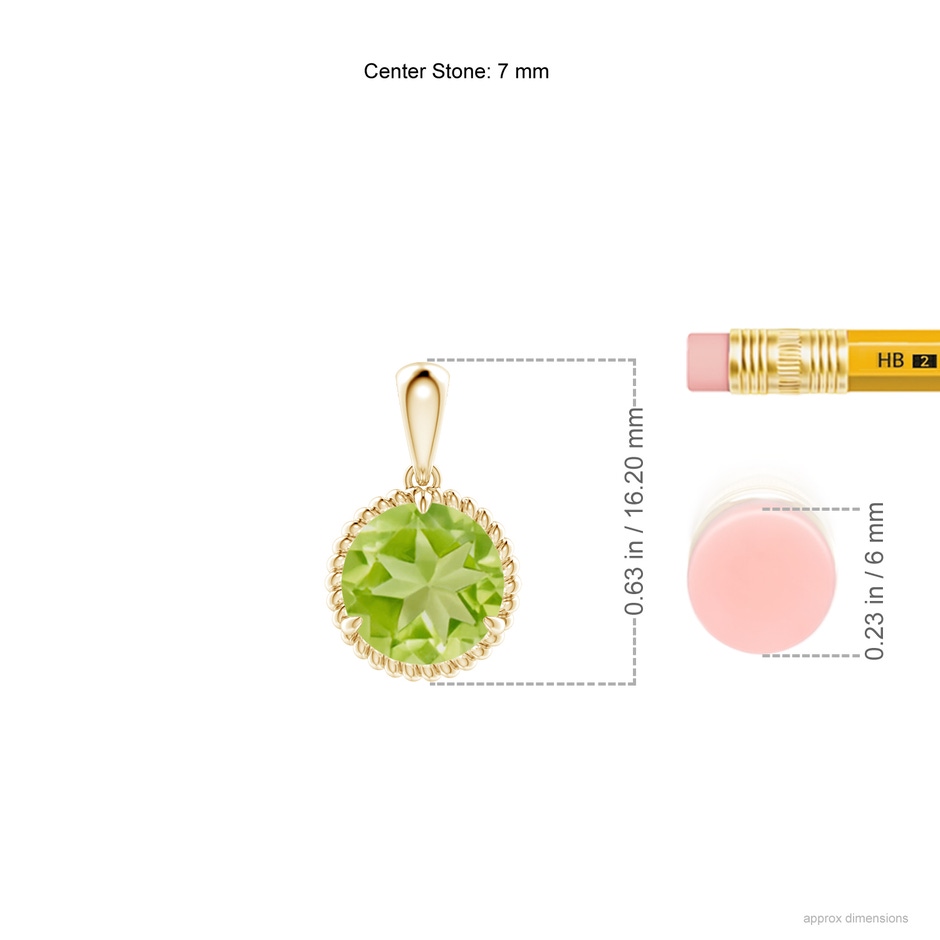 7mm AA Rope-Framed Claw-Set Peridot Solitaire Pendant in Yellow Gold ruler