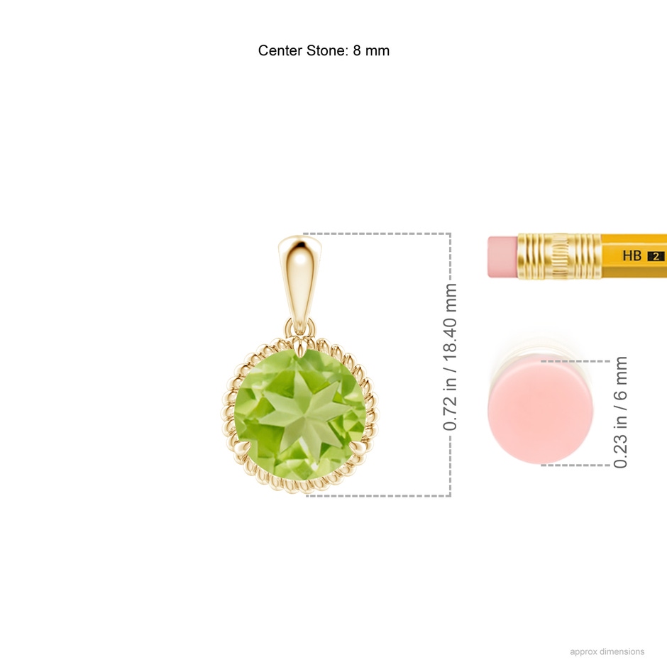 8mm AA Rope-Framed Claw-Set Peridot Solitaire Pendant in Yellow Gold ruler
