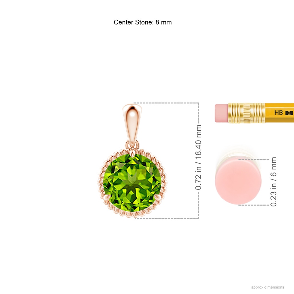 8mm AAAA Rope-Framed Claw-Set Peridot Solitaire Pendant in Rose Gold Ruler