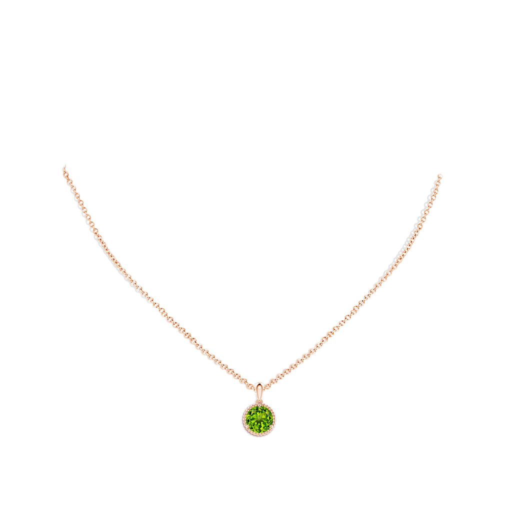 8mm AAAA Rope-Framed Claw-Set Peridot Solitaire Pendant in Rose Gold Body-Neck