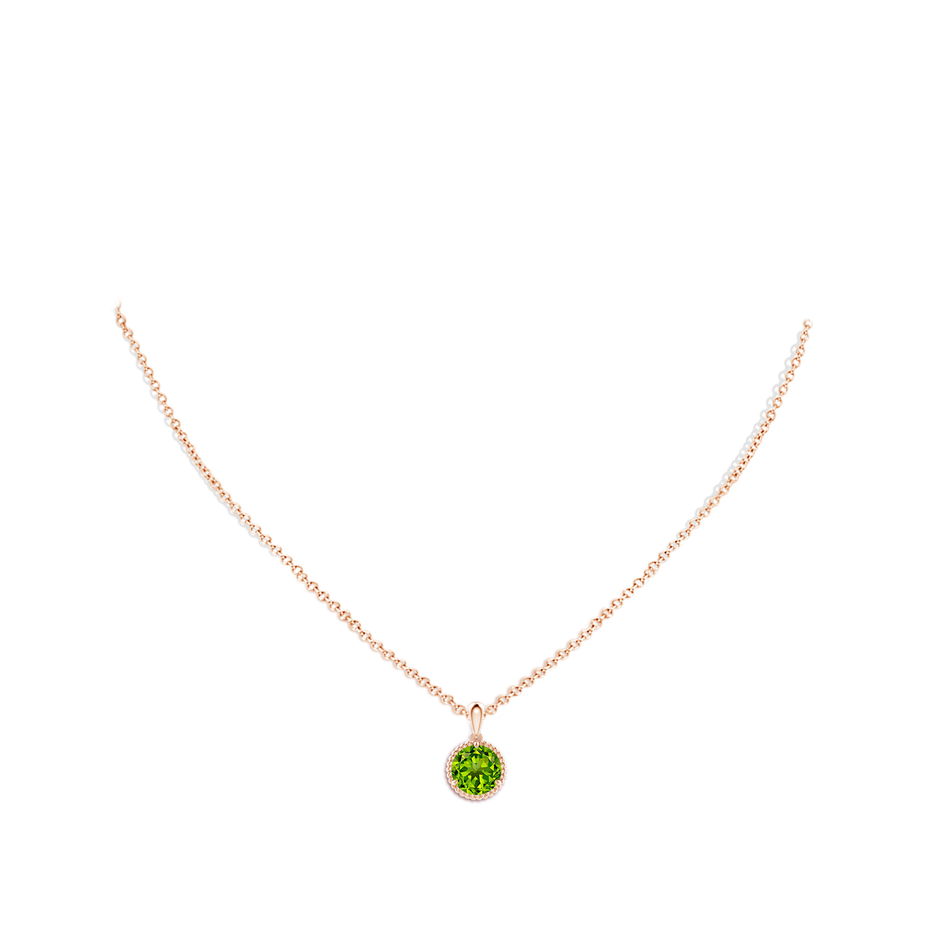 8mm AAAA Rope-Framed Claw-Set Peridot Solitaire Pendant in Rose Gold body-neck