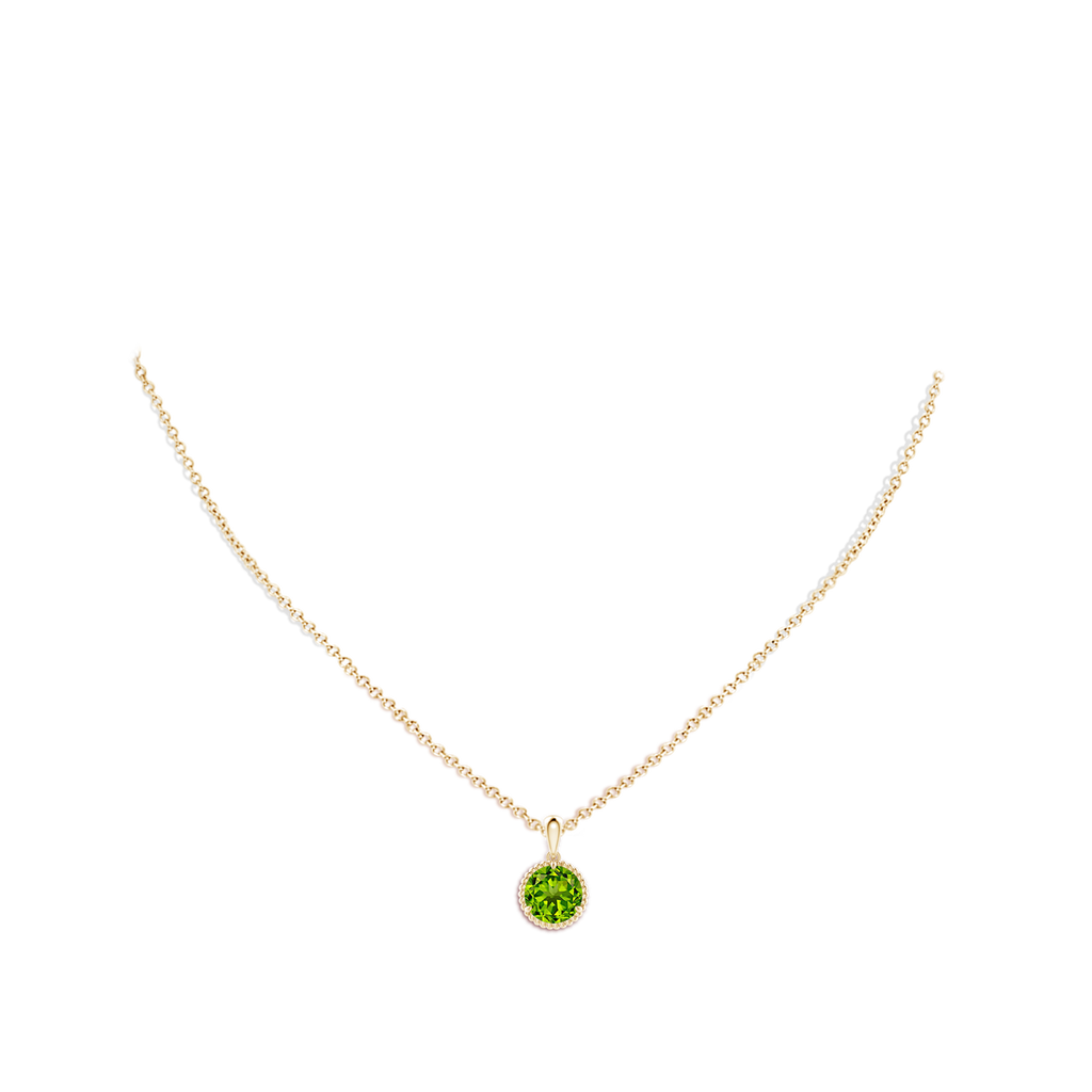 8mm AAAA Rope-Framed Claw-Set Peridot Solitaire Pendant in Yellow Gold Body-Neck