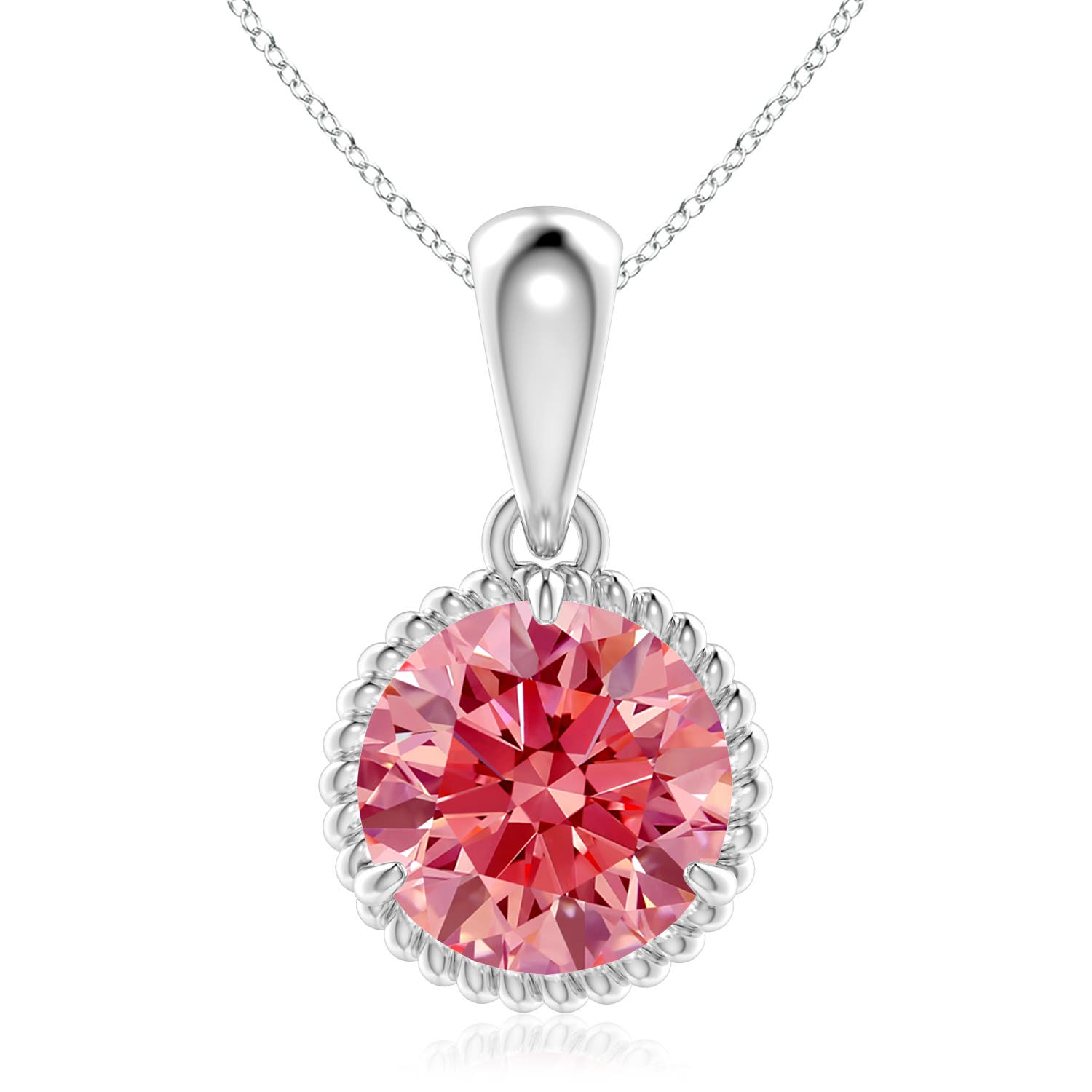 Angara 3.0 CTW Rope-Framed Claw-Set Fancy Intense Pink Diamond Solitaire Pendant in 18K White Gold
