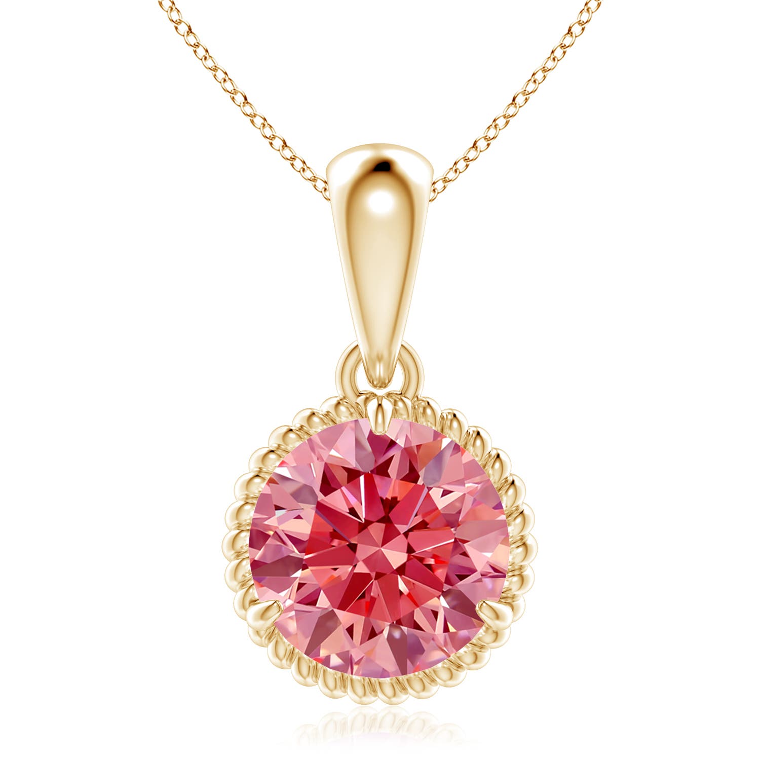 Angara 3.0 CTW Rope-Framed Claw-Set Fancy Intense Pink Diamond Solitaire Pendant in 18K Yellow Gold
