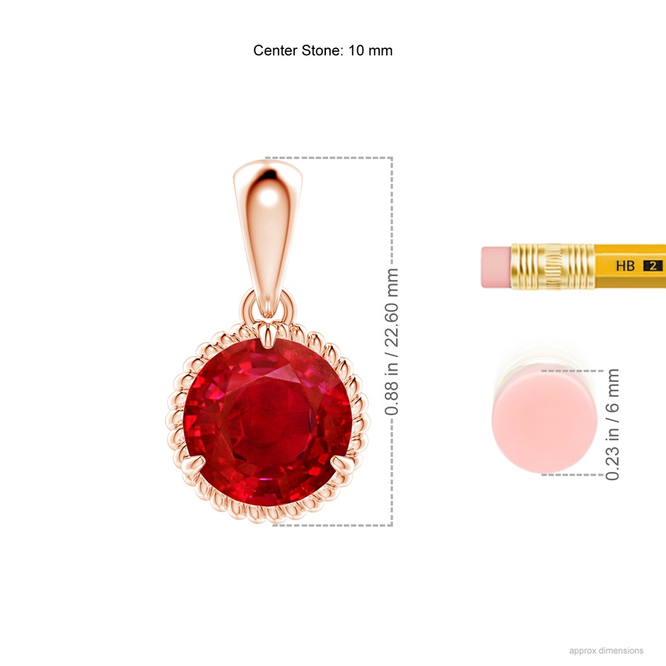10mm AAA Rope-Framed Claw-Set Ruby Solitaire Pendant in Rose Gold ruler