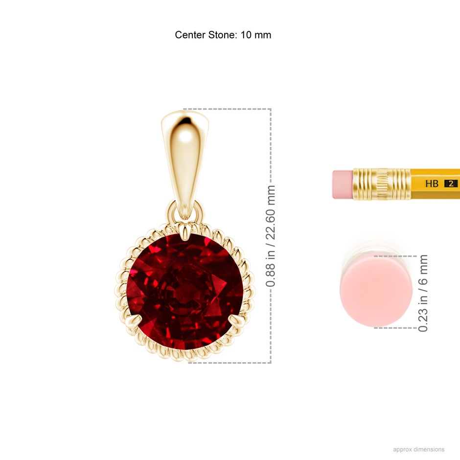 10mm AAAA Rope-Framed Claw-Set Ruby Solitaire Pendant in Yellow Gold ruler
