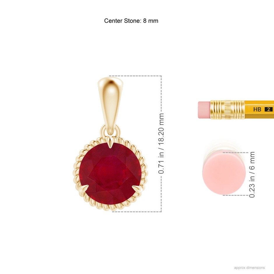 8mm AA Rope-Framed Claw-Set Ruby Solitaire Pendant in Yellow Gold ruler