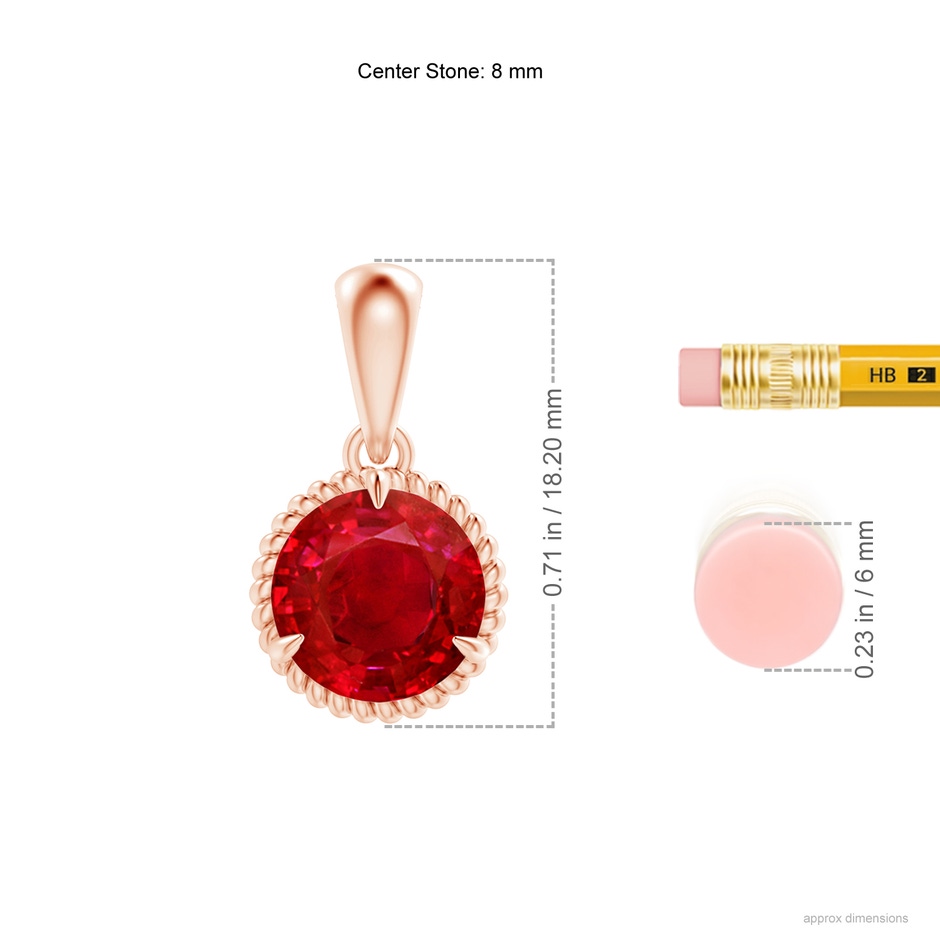 8mm AAA Rope-Framed Claw-Set Ruby Solitaire Pendant in Rose Gold ruler