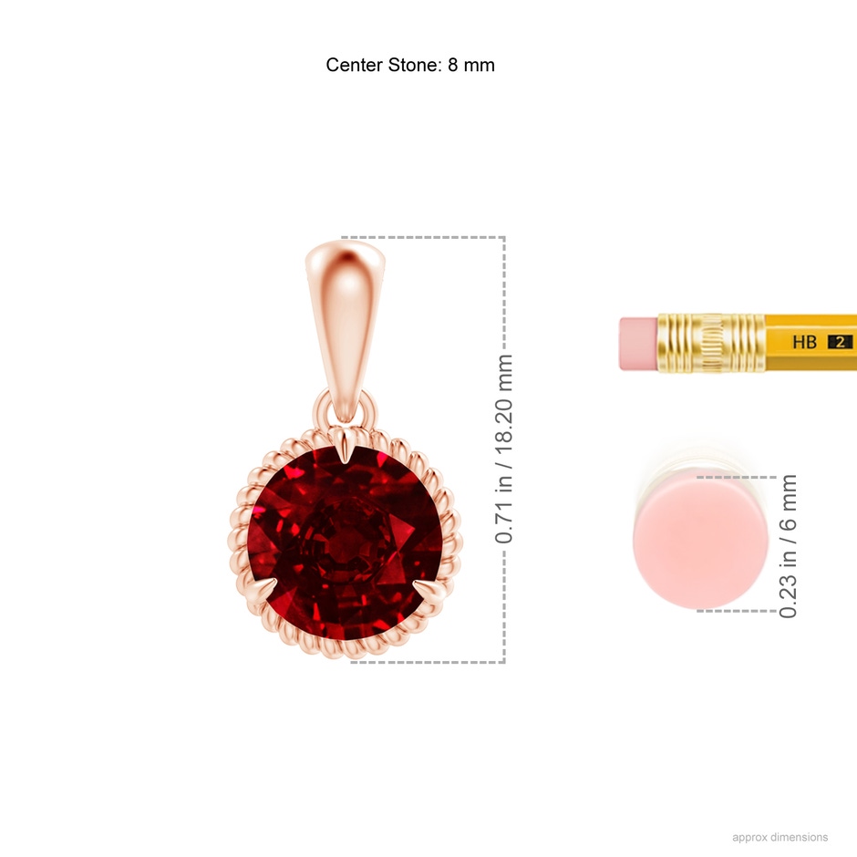 8mm AAAA Rope-Framed Claw-Set Ruby Solitaire Pendant in Rose Gold ruler