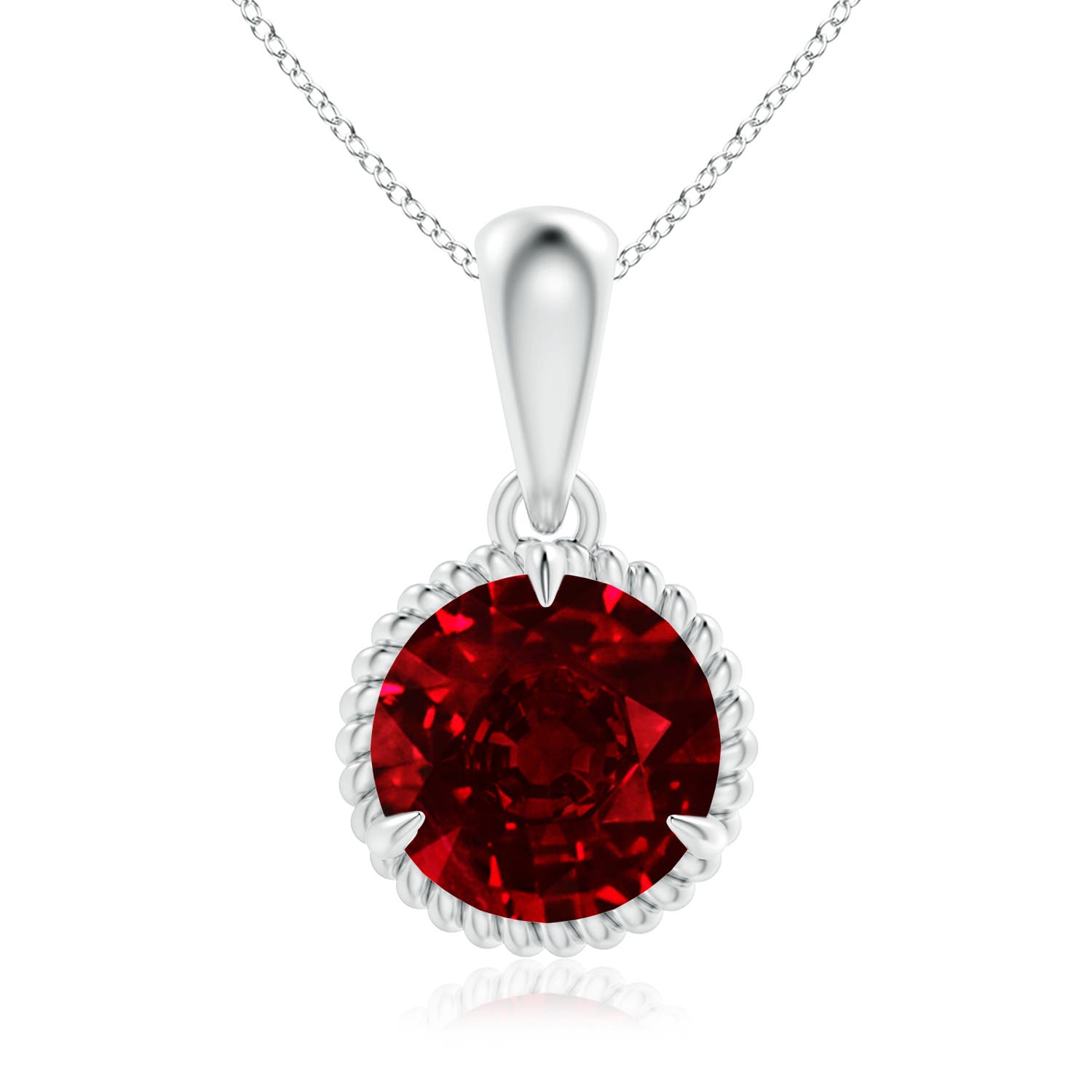 8mm AAAA Rope-Framed Claw-Set Ruby Solitaire Pendant in White Gold