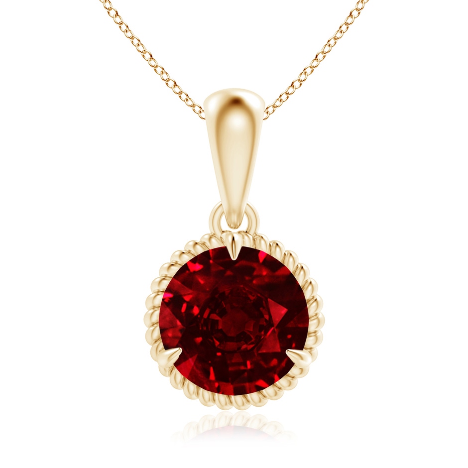 8mm AAAA Rope-Framed Claw-Set Ruby Solitaire Pendant in Yellow Gold 