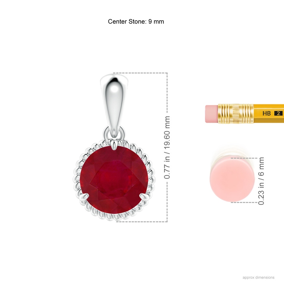 9mm AA Rope-Framed Claw-Set Ruby Solitaire Pendant in P950 Platinum ruler