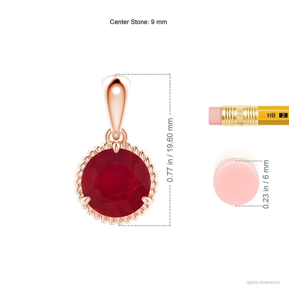 9mm AA Rope-Framed Claw-Set Ruby Solitaire Pendant in Rose Gold ruler
