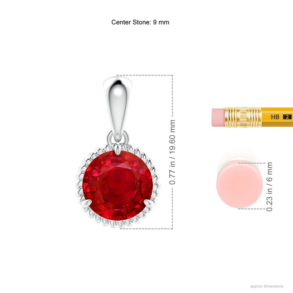 9mm AAA Rope-Framed Claw-Set Ruby Solitaire Pendant in P950 Platinum ruler