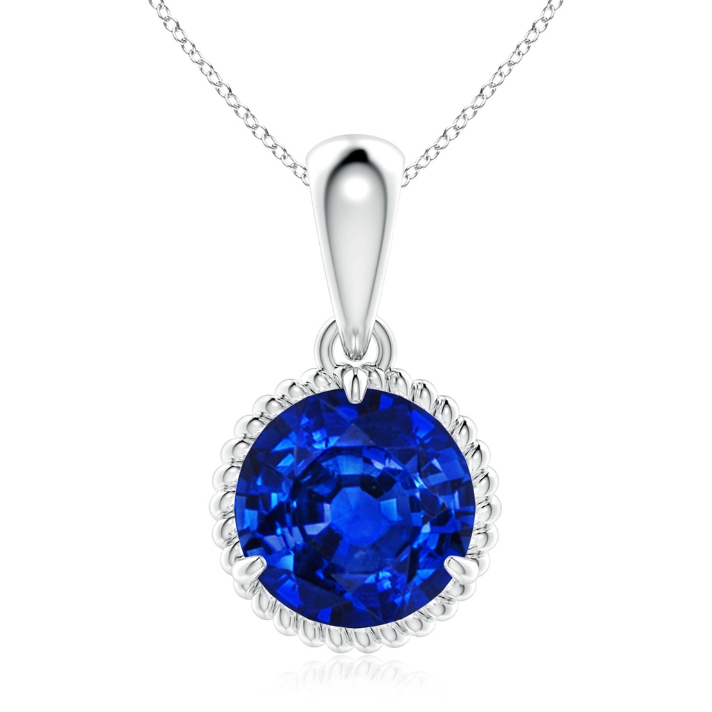 9mm Lab-Grown Rope-Framed Claw-Set Blue Sapphire Solitaire Pendant in White Gold