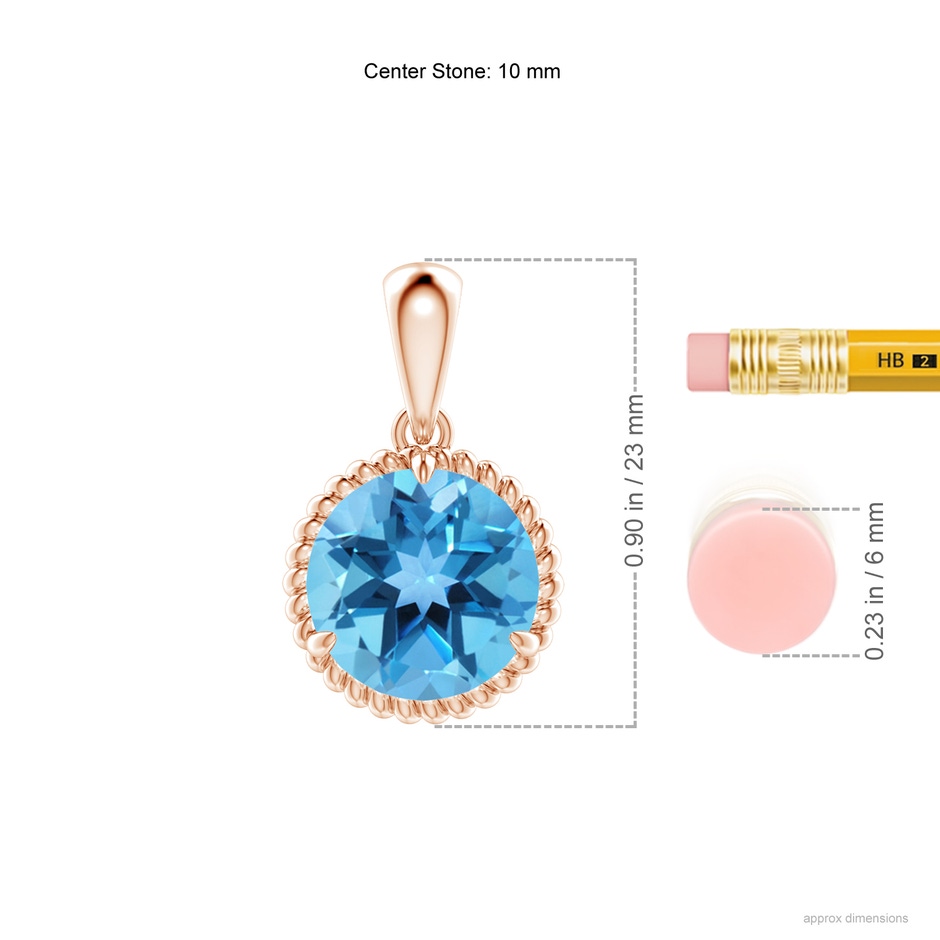 10mm AA Rope-Framed Claw-Set Swiss Blue Topaz Solitaire Pendant in Rose Gold ruler