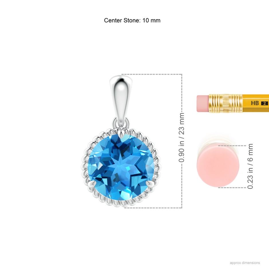 10mm AAA Rope-Framed Claw-Set Swiss Blue Topaz Solitaire Pendant in White Gold ruler