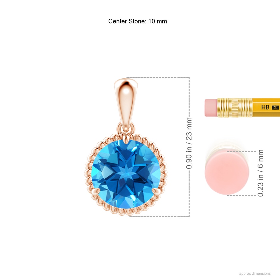 10mm AAAA Rope-Framed Claw-Set Swiss Blue Topaz Solitaire Pendant in 18K Rose Gold ruler