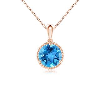 7mm AAA Rope-Framed Claw-Set Swiss Blue Topaz Solitaire Pendant in Rose Gold