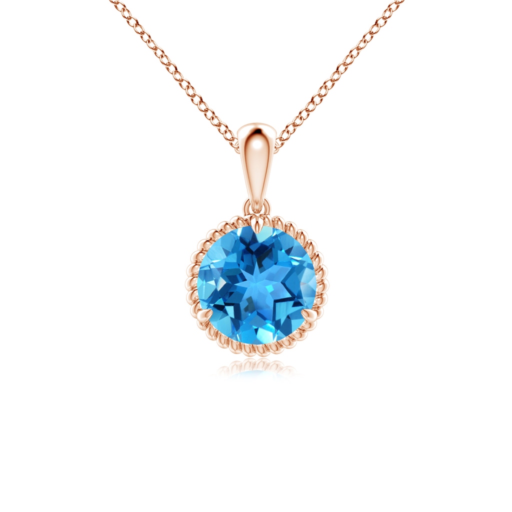 7mm AAA Rope-Framed Claw-Set Swiss Blue Topaz Solitaire Pendant in Rose Gold