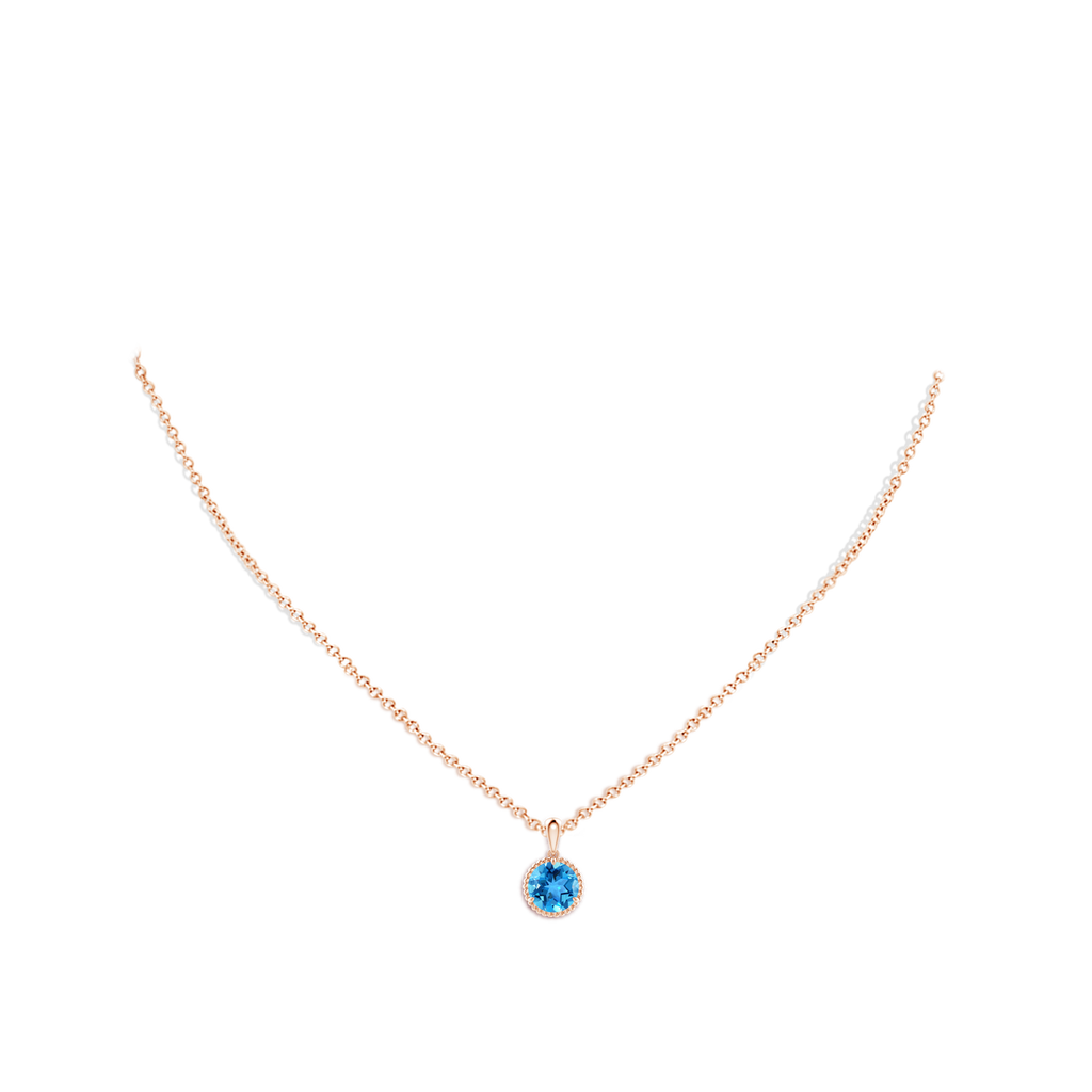 7mm AAA Rope-Framed Claw-Set Swiss Blue Topaz Solitaire Pendant in Rose Gold Body-Neck