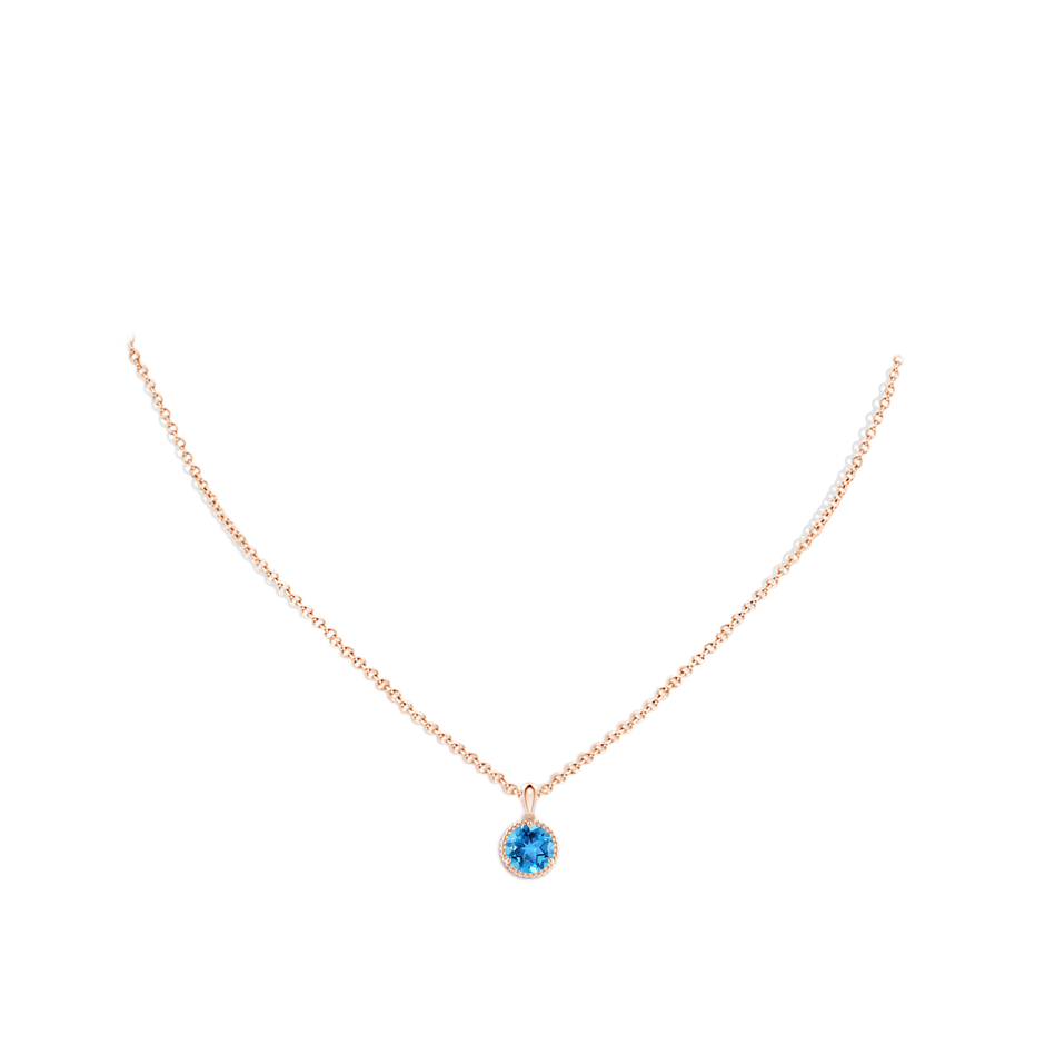 7mm AAA Rope-Framed Claw-Set Swiss Blue Topaz Solitaire Pendant in Rose Gold body-neck