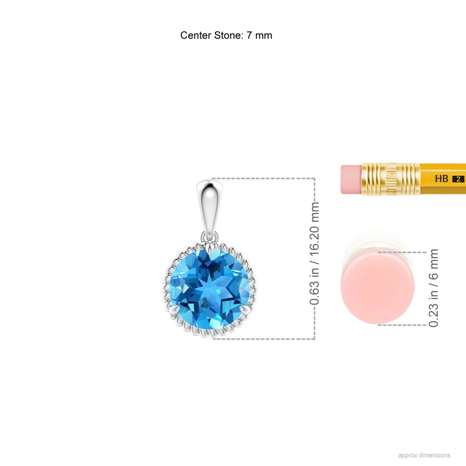 7mm AAA Rope-Framed Claw-Set Swiss Blue Topaz Solitaire Pendant in White Gold ruler