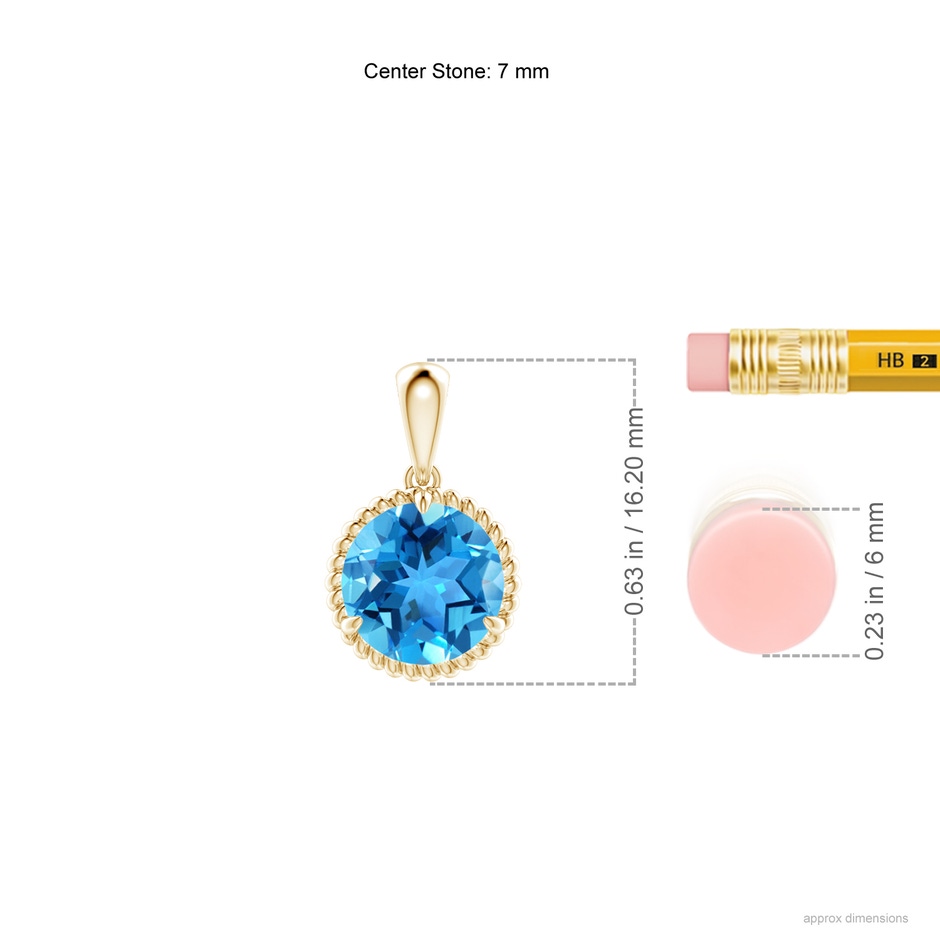 7mm AAA Rope-Framed Claw-Set Swiss Blue Topaz Solitaire Pendant in Yellow Gold ruler